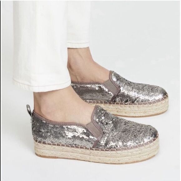 Sam Edelman Carrin Espadrilles Platforms Silver Sequin Women’s Size 6 - Picture 1 of 12